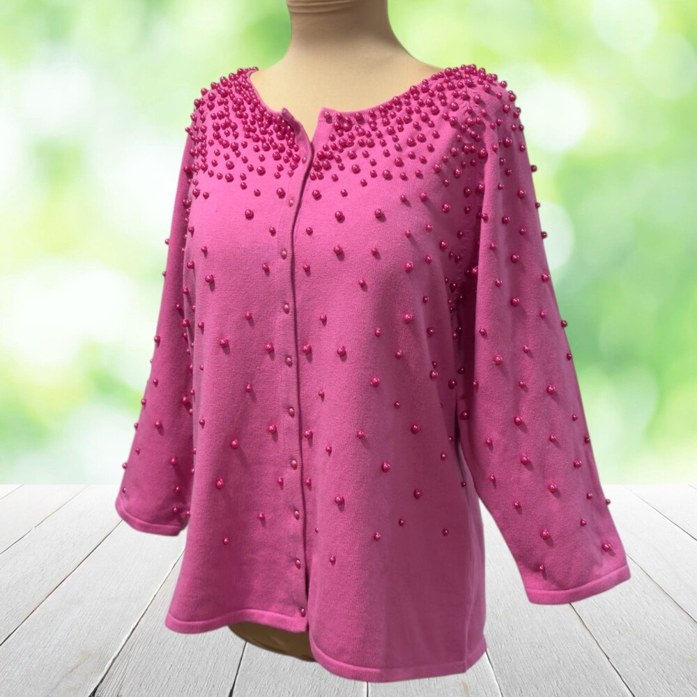 Vintage 90s Pearl Beaded Cardigan Sweater Coquette Glam Pink Hong Kong Size L - Picture 10 of 11